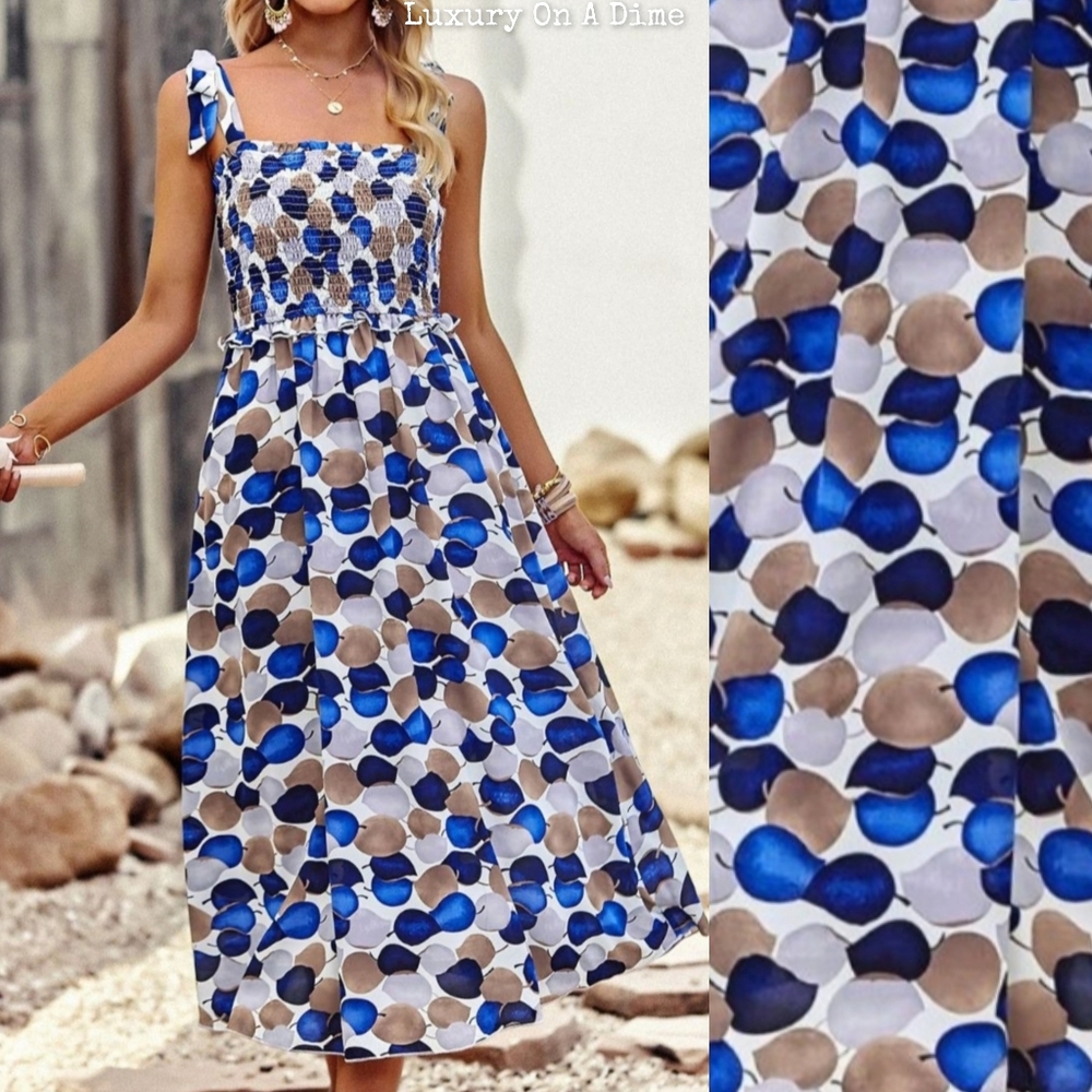 Vibrant Blue Circle Abstract Leaf Sleeveless Smocked Bodice Summer Midi Dress - Picture 3 of 10